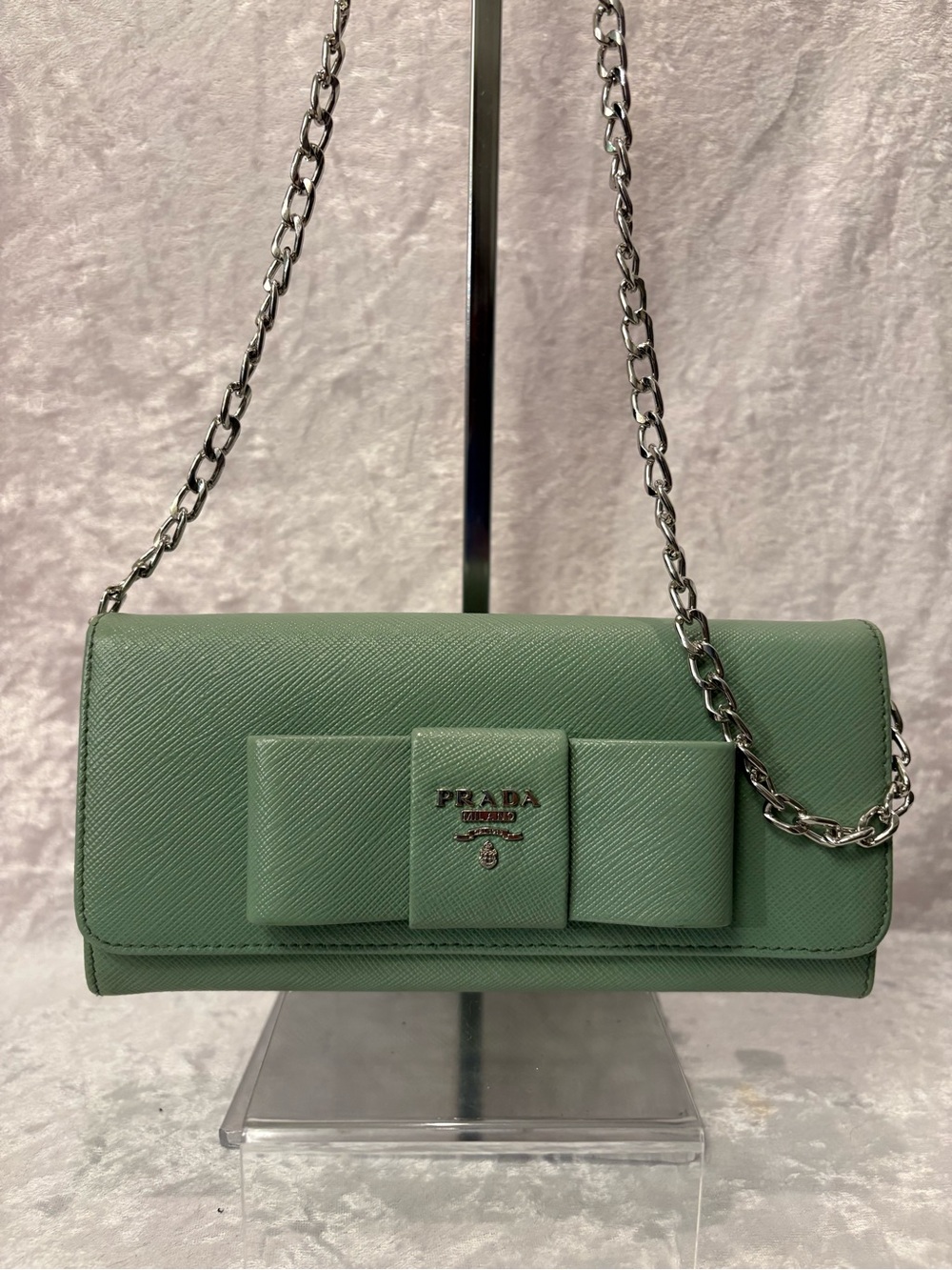 Prada Saffiano Bow Tie Continental Wallet in Acqua Mint Authentic